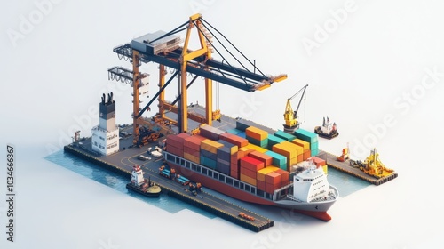 A detailed miniature model of a cargo ship at a dock, featuring colorful containers and cranes for loading operations, set against a clean, white background.