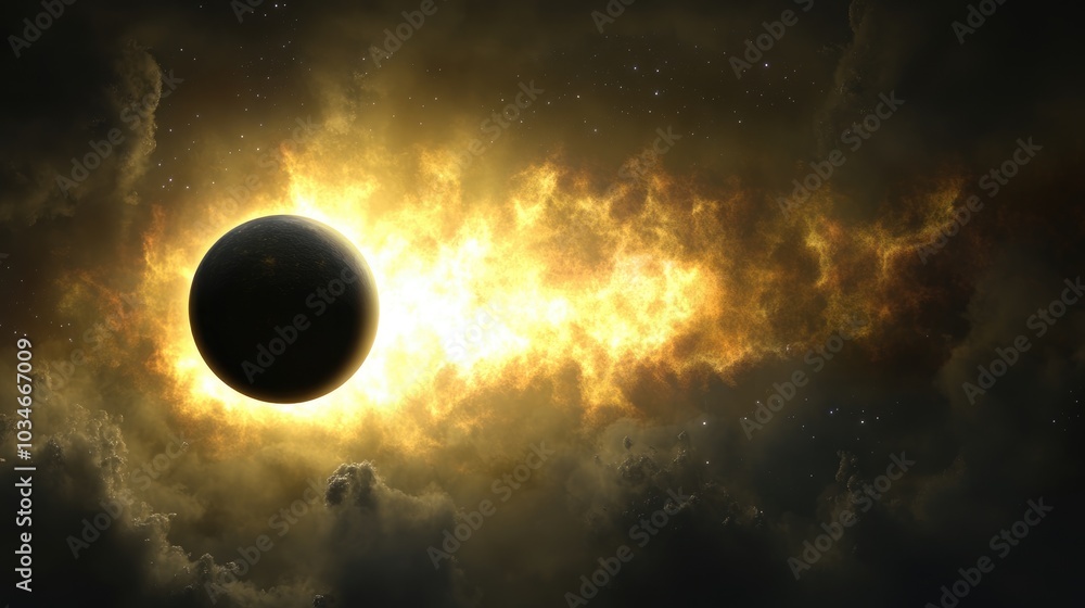 3D illustration of a cartoon rendering depicting an exoplanet transit in front of its host star in deep space showcasing a stellar eclipse Suitable for science research and education projects 3D illustration of a cartoon rendering depicting an exoplanet transit in front of its host star in deep space showcasing a stellar eclipse Suitable for science research and education projects