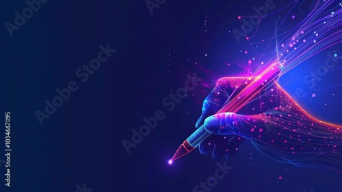 digital art, futuristic design, vibrant colors, glowing pen, creative process, abstract background, neon lights, artistic expression, technology concept, modern illustration A vibrant digital artwor photo