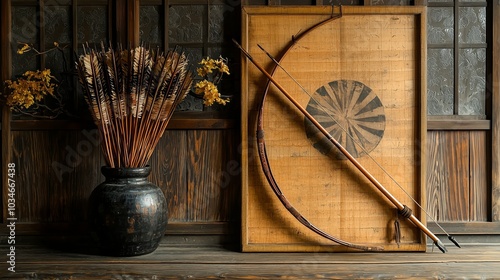 Traditional Samurai Bow and Quiver Arrangement photo