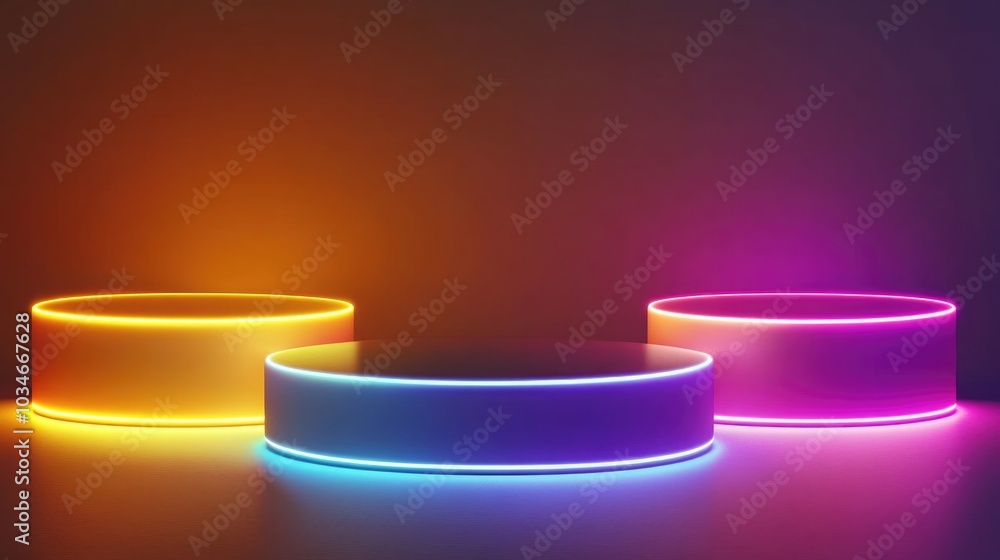 3D geometric cylinder podium featuring vibrant yellow orange and purple neon lights on a minimalist gradient background Abstract illustration ideal for showcasing summer holiday products 3D geometric cylinder podium featuring vibrant yellow orange and purple neon lights on a minimalist gradient background Abstract illustration ideal for showcasing summer holiday products