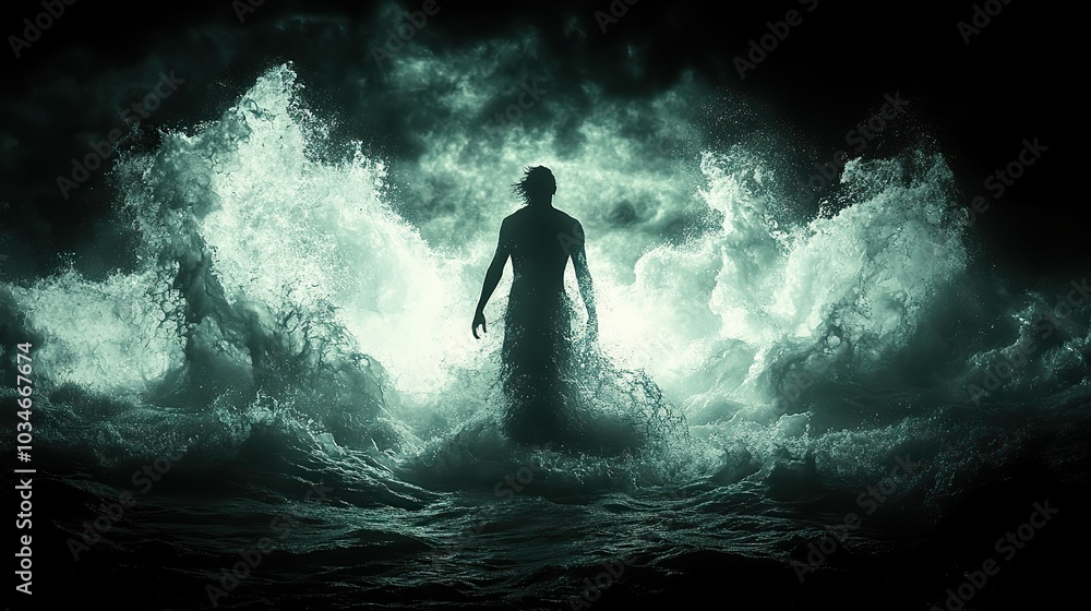 Fototapeta premium person silhouetted against dark stormy background symbolizing mental struggle and dark thoughts the image conveys feelings of being trapped in ones own mind battling inner turmoil.illustration