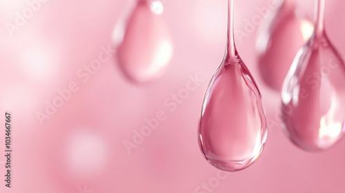 Collagen serum droplets against a pink backdrop Skincare essence Conceptual illustration of cosmetic solutions in a realistic 2D style