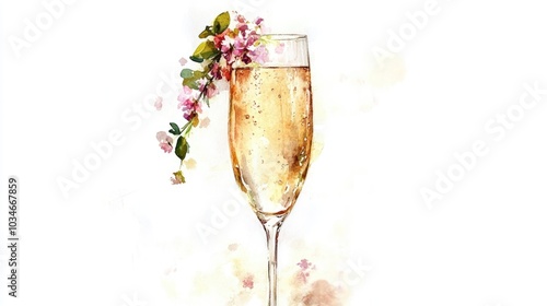 Fototapeta Naklejka Na Ścianę i Meble -  Watercolor illustration of a champagne glass adorned with flowers set against a white backdrop
