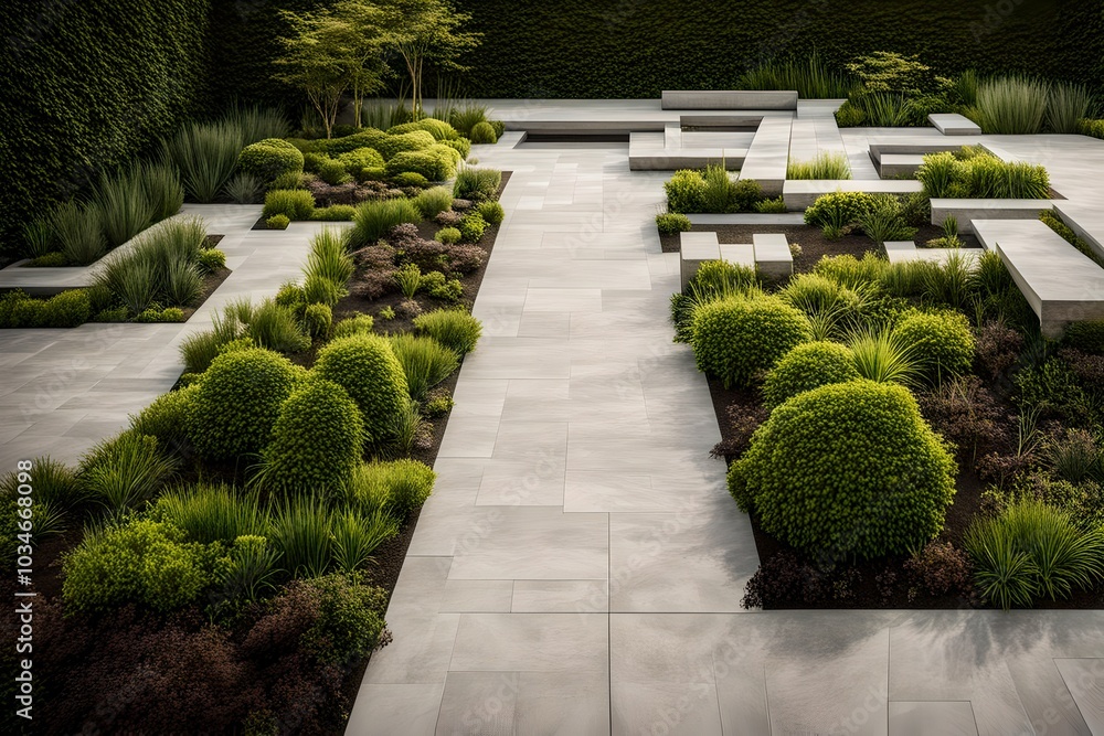 Obraz premium Modern Geometric Garden with Stone Pathways and Lush Greenery
