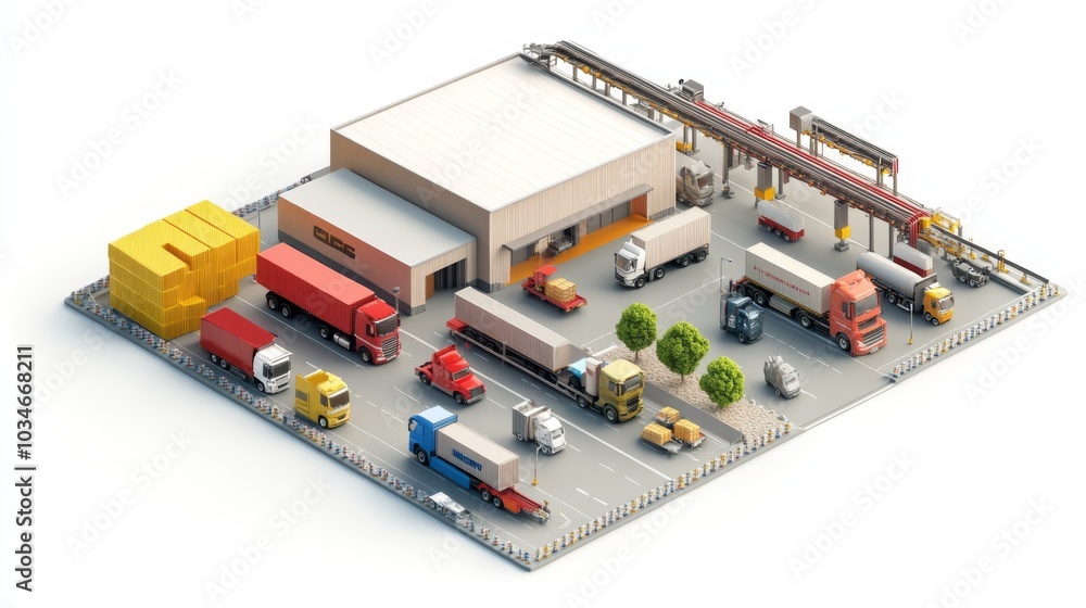 A miniature representation of a logistics facility with trucks, loading docks, and storage areas, emphasizing transportation and supply chain operations. A miniature representation of a logistics facility with trucks, loading docks, and storage areas, emphasizing transportation and supply chain operations.