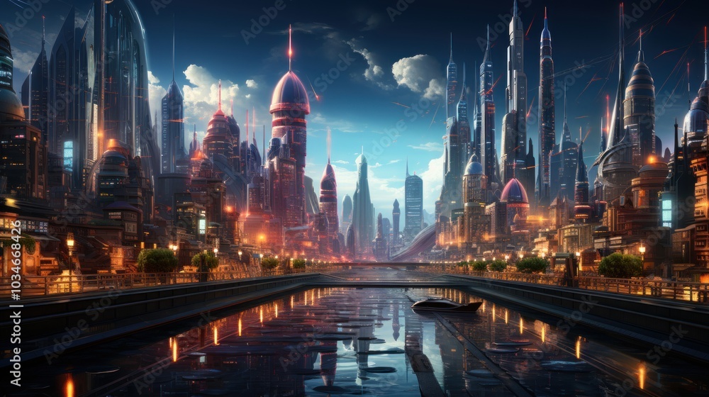 Obraz premium Futuristic Cityscape with River and Boats