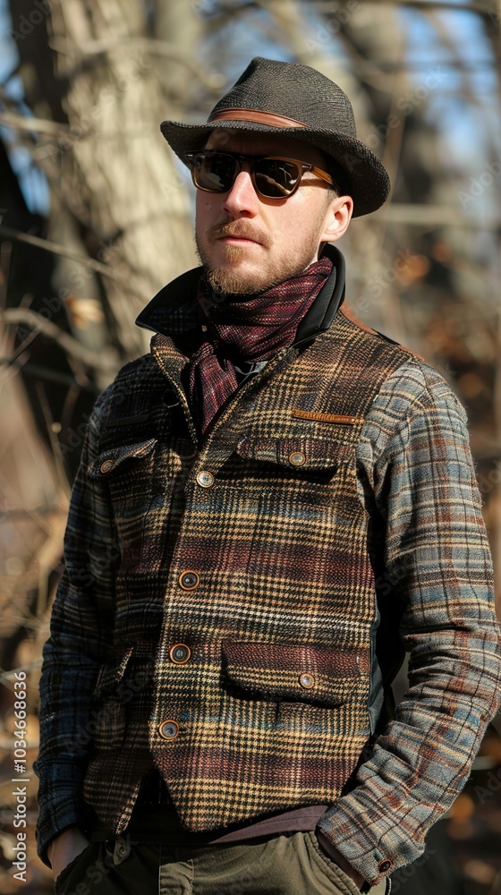 Stylish Man in Plaid Vest and Hat in a Forest Setting Stylish Man in Plaid Vest and Hat in a Forest Setting