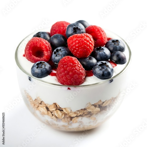 A bowl of yogurt with granola, blueberries, and raspberries on a white background.