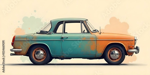 A vintage green and orange convertible car with a worn, distressed appearance