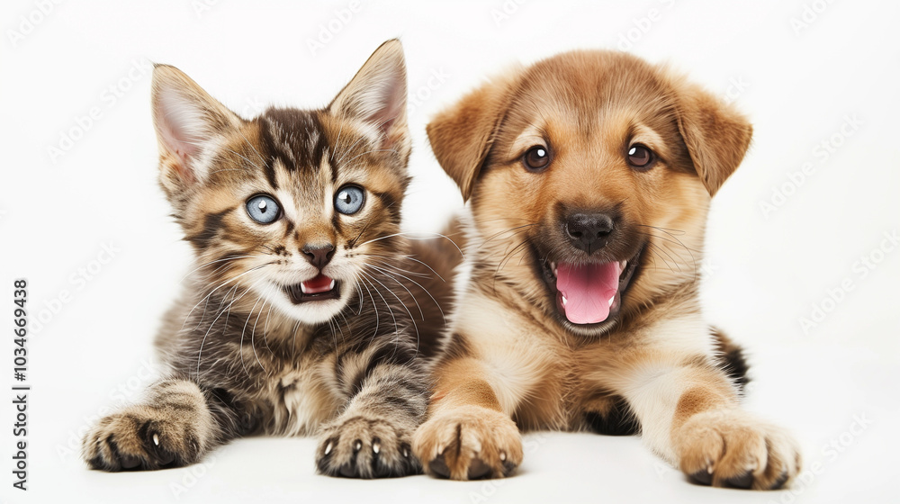 Adorable kitten and puppy sitting together on a white background with playful expressions Adorable kitten and puppy sitting together on a white background with playful expressions