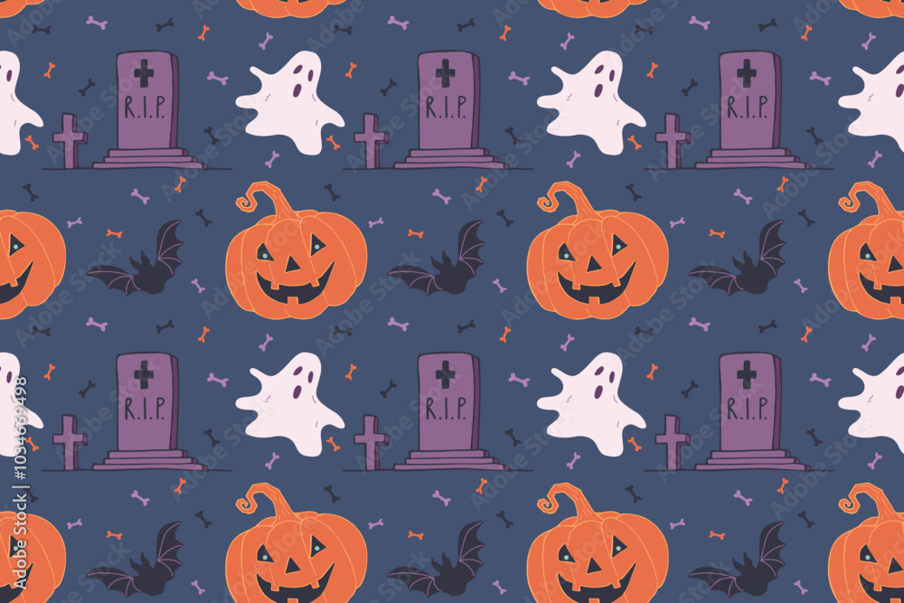 Halloween seamless pattern with pumpkin, ghost, tombstone and bat on dark background. Seasonal vector illustration for banners, cards, prints, textiles. Halloween seamless pattern with pumpkin, ghost, tombstone and bat on dark background. Seasonal vector illustration for banners, cards, prints, textiles.