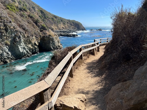 Partington Cove Trail with Fence and Blue Water on a Sunny Afternoon in Big Sur