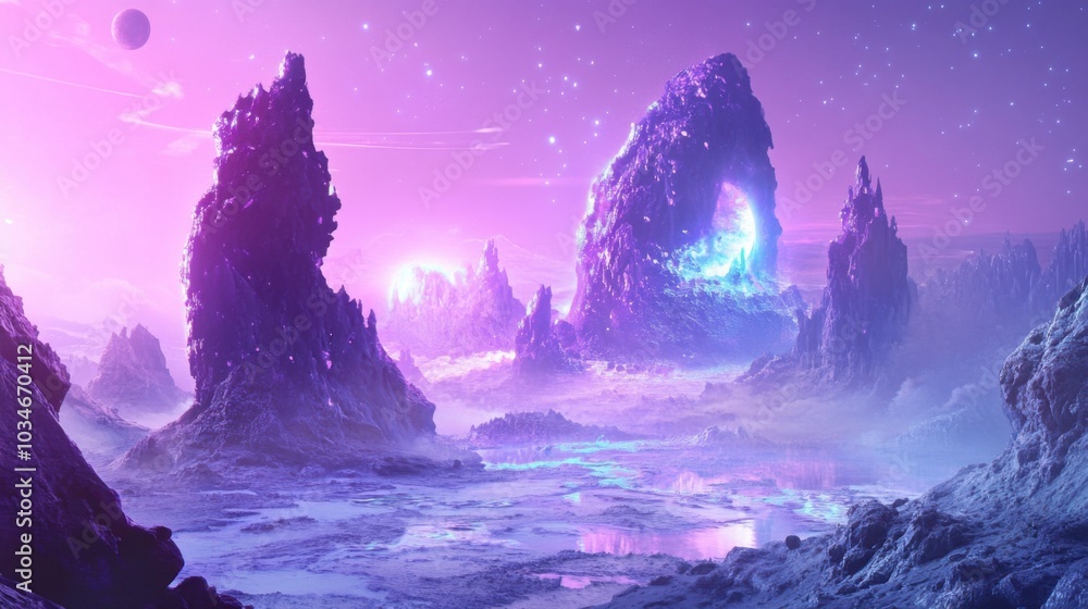 Purple and pink fantasy landscape with rocky mountains, glowing portal and stars in the sky. Purple and pink fantasy landscape with rocky mountains, glowing portal and stars in the sky.