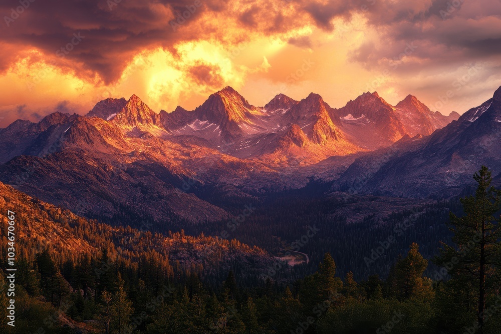 A breathtaking view of a towering mountain range, with the setting sun casting warm, golden light on the peaks and a serene valley below. A breathtaking view of a towering mountain range, with the setting sun casting warm, golden light on the peaks and a serene valley below.