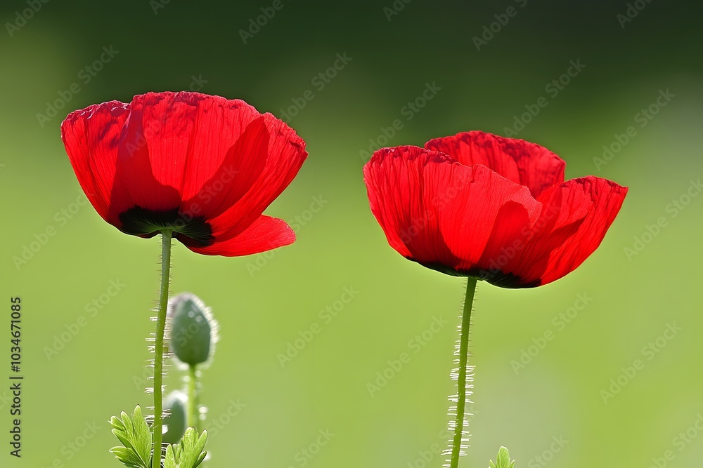 Obraz premium Two Red Poppy Flowers in a Green Field
