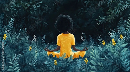 sereneof woman in the lotus pose surrounded by lush plants embodying the essence of guided meditation and mindfulness.illustration photo