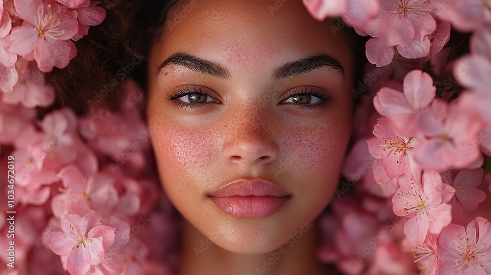 serene woman surrounded by pink blossoms symbolizing the connection between skin health and mental wellbeing in psychodermatology.stock image serene woman surrounded by pink blossoms symbolizing the connection between skin health and mental wellbeing in psychodermatology.stock image