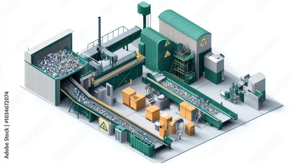 A detailed illustration of a waste recycling facility showcasing conveyor belts, waste processing equipment, and packaging areas. A detailed illustration of a waste recycling facility showcasing conveyor belts, waste processing equipment, and packaging areas.