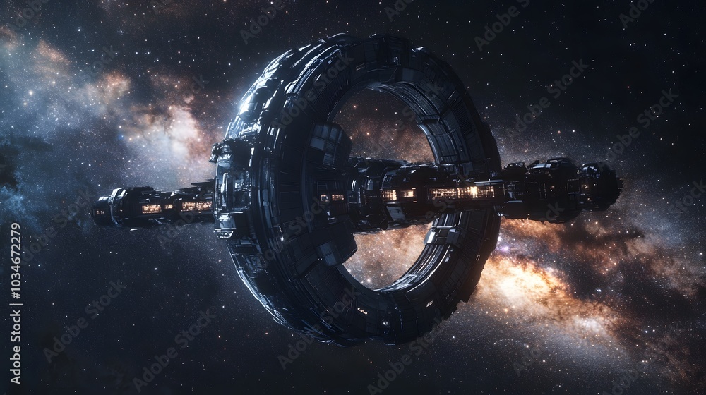 Naklejka premium space station, futuristic habitat in fron tof the Milky Way galaxy. 