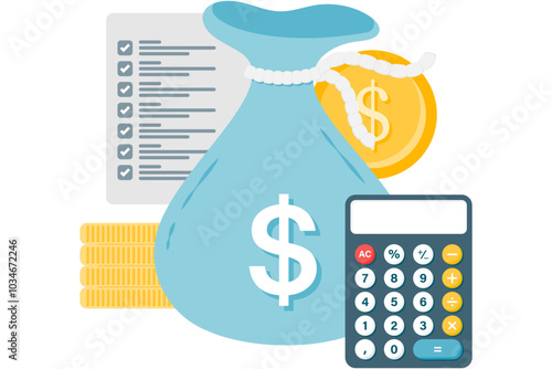 cost savings, money bag with calculator and financial report
