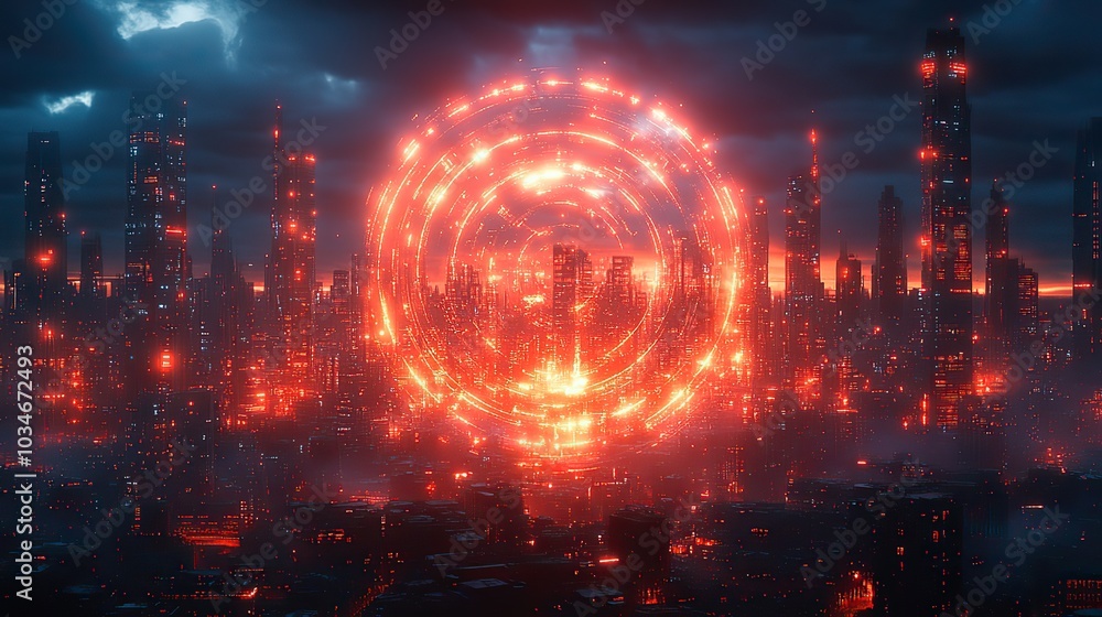 Naklejka premium shield symbolizing industrial security and infrastructure defense amidst cityscape highlighting protection and resilience.stock image