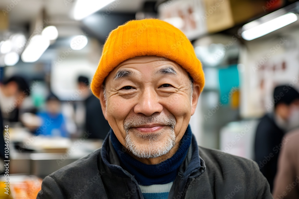 Happy Senior Man Wearing Orange Beanie in Busy Market Happy Senior Man Wearing Orange Beanie in Busy Market