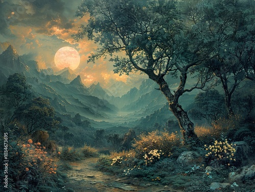 Enchanted Forest: A Dreamlike Landscape with a Full Moon