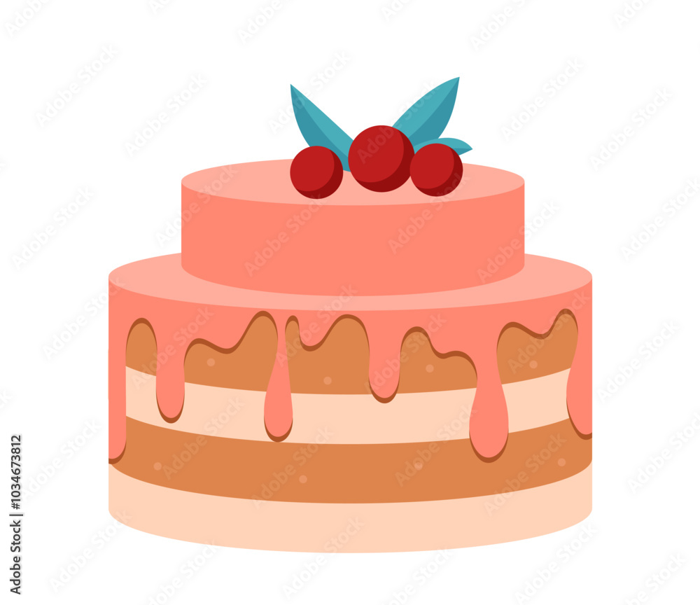 Birthday cake with cherry. Cake with glazed icing and berries. Pastry and bakery. Birthday or Christmas, New Year. Template and layout. Flat vector illustration isolated on white background Birthday cake with cherry. Cake with glazed icing and berries. Pastry and bakery. Birthday or Christmas, New Year. Template and layout. Flat vector illustration isolated on white background