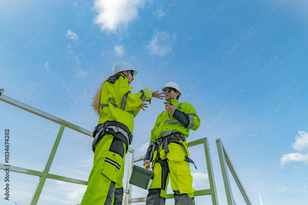 A team of engineers inspects and maintains a large wind turbine at a renewable energy wind farm. Green technology and sustainable practices are at the forefront of renewable energy development. A team of engineers inspects and maintains a large wind turbine at a renewable energy wind farm. Green technology and sustainable practices are at the forefront of renewable energy development.