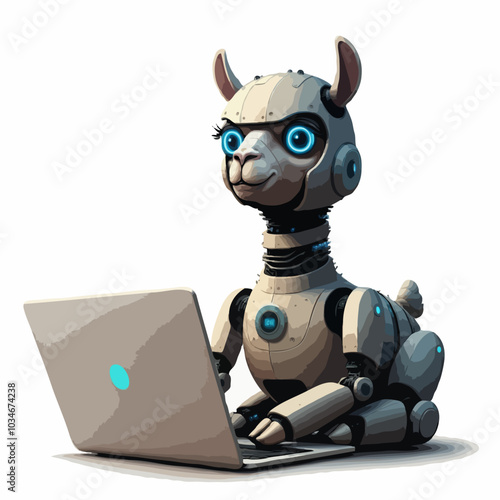 Ai Llama robot writing instructional notes on laptop. Illustration or cute animal android generating text.