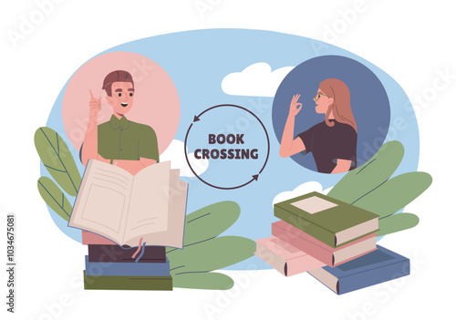 People with book crossing. Man and woman exchange fiction. Love of reading and literature. Education and training. Students with bookcrossing. Flat vector illustration isolated on white background