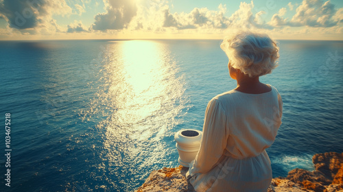 Elderly woman in white with funerary urn by the ocean at sunrise