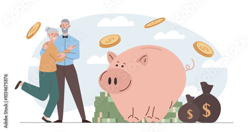 Old couple with budget. Grandmother and grandfather hug each other near piggy bank with golden coins and banknotes. Financial literacy and economy, retirement. Flat vector illustration