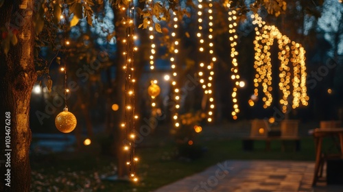 Magical Outdoor Evening with String Lights and Ornaments