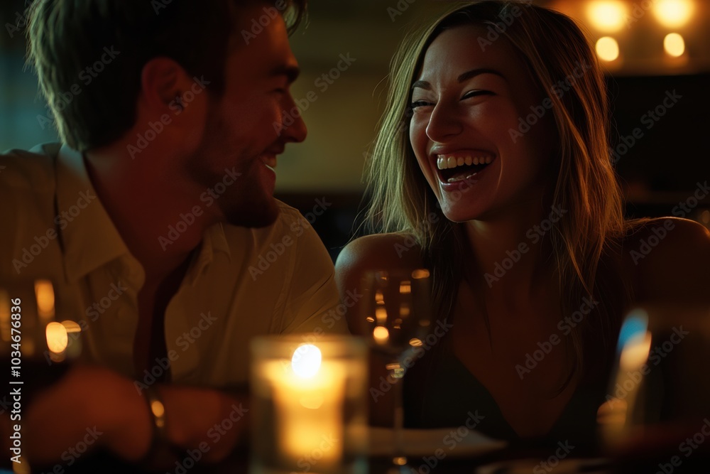 A couple enjoying a romantic dinner at a chic restaurant, candlelight illuminating their faces as they share a laugh over a glass of wine A couple enjoying a romantic dinner at a chic restaurant, candlelight illuminating their faces as they share a laugh over a glass of wine
