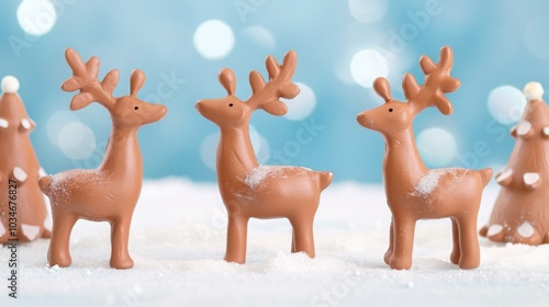 Charming Christmas Reindeer with Miniature Christmas Trees on Blue Background, Minimalist Plasticine Clay Style, Cute Dreamy Smilecore, Creative Miniature Photography.