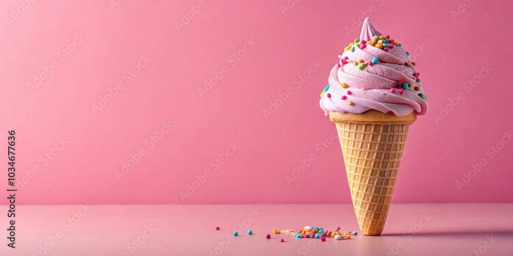 Strawberry ice cream cone with colorful sprinkles on pink background, strawberry, ice cream, cone, colorful, sprinkles, sweet Strawberry ice cream cone with colorful sprinkles on pink background, strawberry, ice cream, cone, colorful, sprinkles, sweet