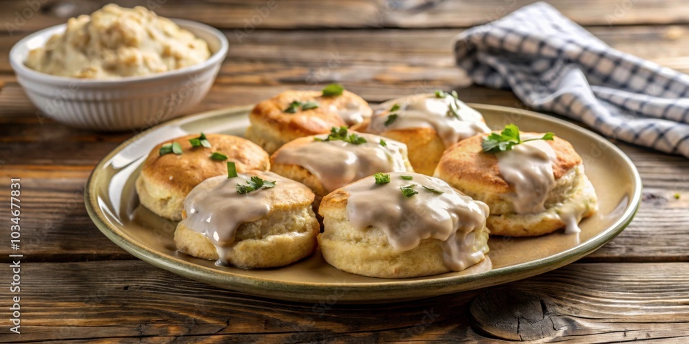 Plate of biscuits covered in savory gravy on wooden table, food, breakfast, southern cuisine, comfort food, biscuits and gravy Plate of biscuits covered in savory gravy on wooden table, food, breakfast, southern cuisine, comfort food, biscuits and gravy