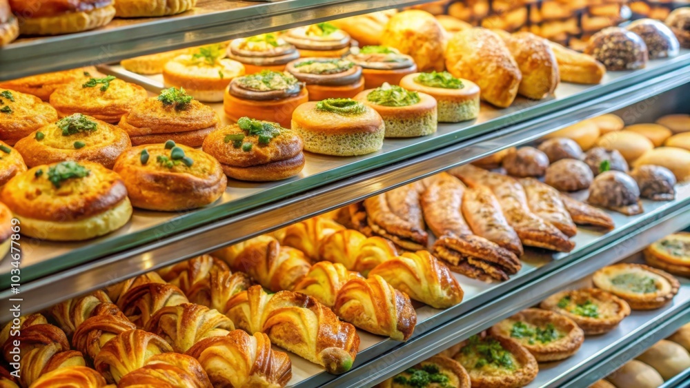 Assortment of savory pastries in a bakery case , bakery, freshly baked, display, assortment, pastries, savory, delicious Assortment of savory pastries in a bakery case , bakery, freshly baked, display, assortment, pastries, savory, delicious