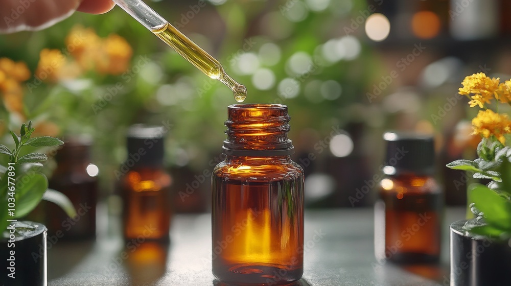 A hand holds a dropper above an amber glass bottle, extracting essential oil amidst a vibrant display of green plants, creating a calming atmosphere. A hand holds a dropper above an amber glass bottle, extracting essential oil amidst a vibrant display of green plants, creating a calming atmosphere.