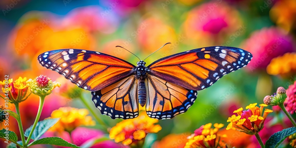 A vibrant butterfly with orange and black wings hovers over a bed of colorful wildflowers, its delicate body a beacon of life in a tapestry of natural beauty. A vibrant butterfly with orange and black wings hovers over a bed of colorful wildflowers, its delicate body a beacon of life in a tapestry of natural beauty.