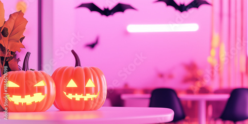 Two jack o lantern decorations on pink themed cafe