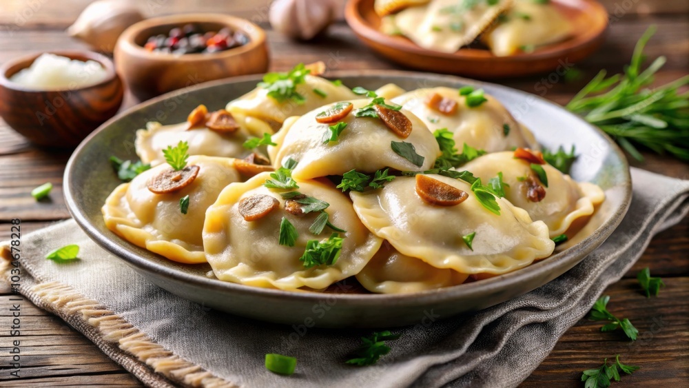 Potato mushroom stuffed vareniky, pierogi or dumplings. Ukrainian cuisine food, Ukrainian, cuisine, food, potato Potato mushroom stuffed vareniky, pierogi or dumplings. Ukrainian cuisine food, Ukrainian, cuisine, food, potato