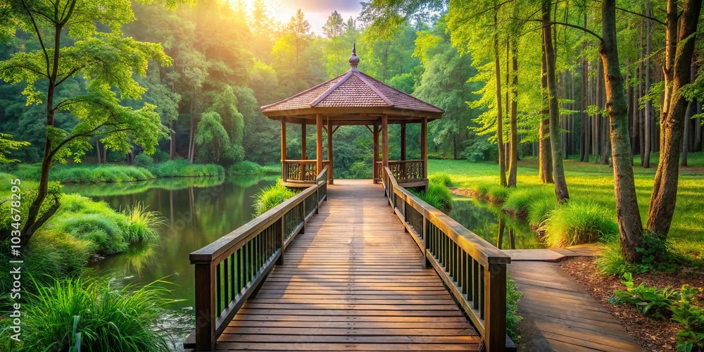A wooden bridge extends towards a gazebo nestled amidst lush greenery, sunlight filtering through the trees, casting a warm glow on the tranquil waters of a pond. A wooden bridge extends towards a gazebo nestled amidst lush greenery, sunlight filtering through the trees, casting a warm glow on the tranquil waters of a pond.