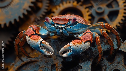 vibrant crab perched on set of rusty gears symbolizing the rust programming language concept blending nature with industrial elements to represent efficiency and resilience