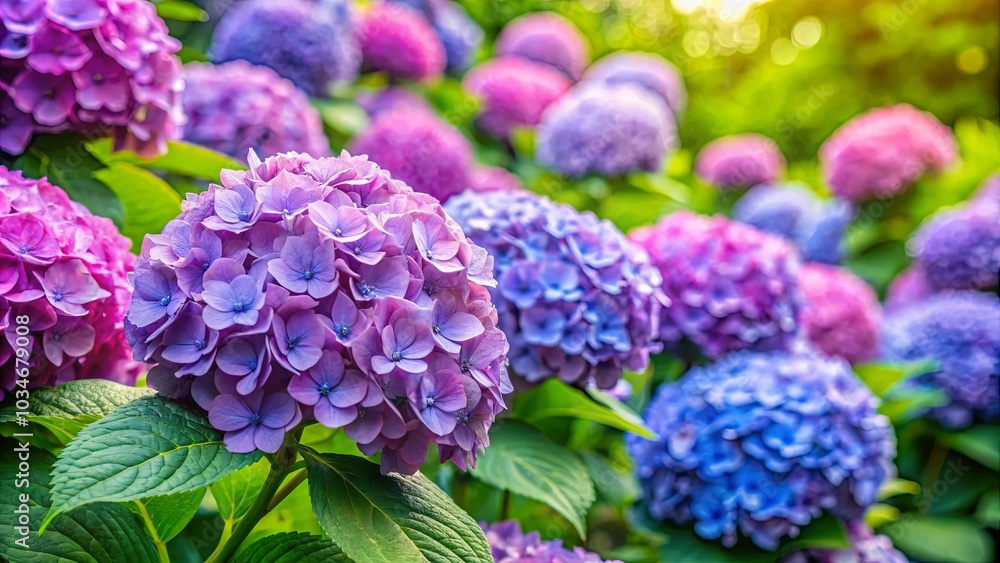 A vibrant display of hydrangeas in various shades of purple and blue, with lush green foliage creating a natural backdrop. A vibrant display of hydrangeas in various shades of purple and blue, with lush green foliage creating a natural backdrop.