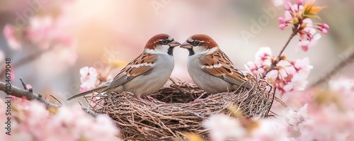 Heartshaped nest holding two sparrow birds photo