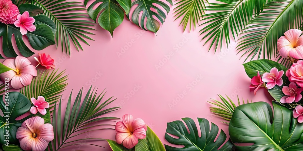 Tropical Bloom on a Pastel Background A vibrant composition of delicate pink flowers and lush green foliage, forming a captivating border around a soft pink canvas. Tropical Bloom on a Pastel Background A vibrant composition of delicate pink flowers and lush green foliage, forming a captivating border around a soft pink canvas.