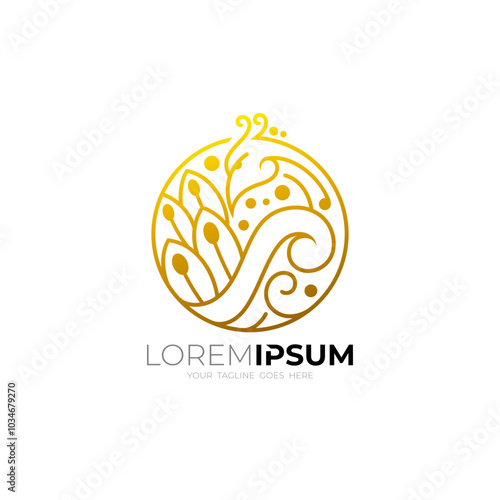 peacock icon forming a circle with a beautiful tail, gold color
